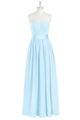 Light Blue Strapless Bow Tie Sash Chiffon Long Bridesmaid Dress with Slit