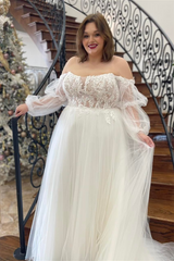 Ivory Off-the-Shoulder Appliques Illusion Sleeves Long Wedding Dress