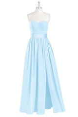 Light Blue Strapless Bow Tie Sash Chiffon Long Bridesmaid Dress with Slit