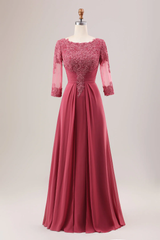 Coral 3/4 Sleeves A-Line Applique Pleated Mother of the Bride Dress