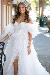 Pink Sweetheart Ruffle Tiered Long Gown with Detachable Sleeves