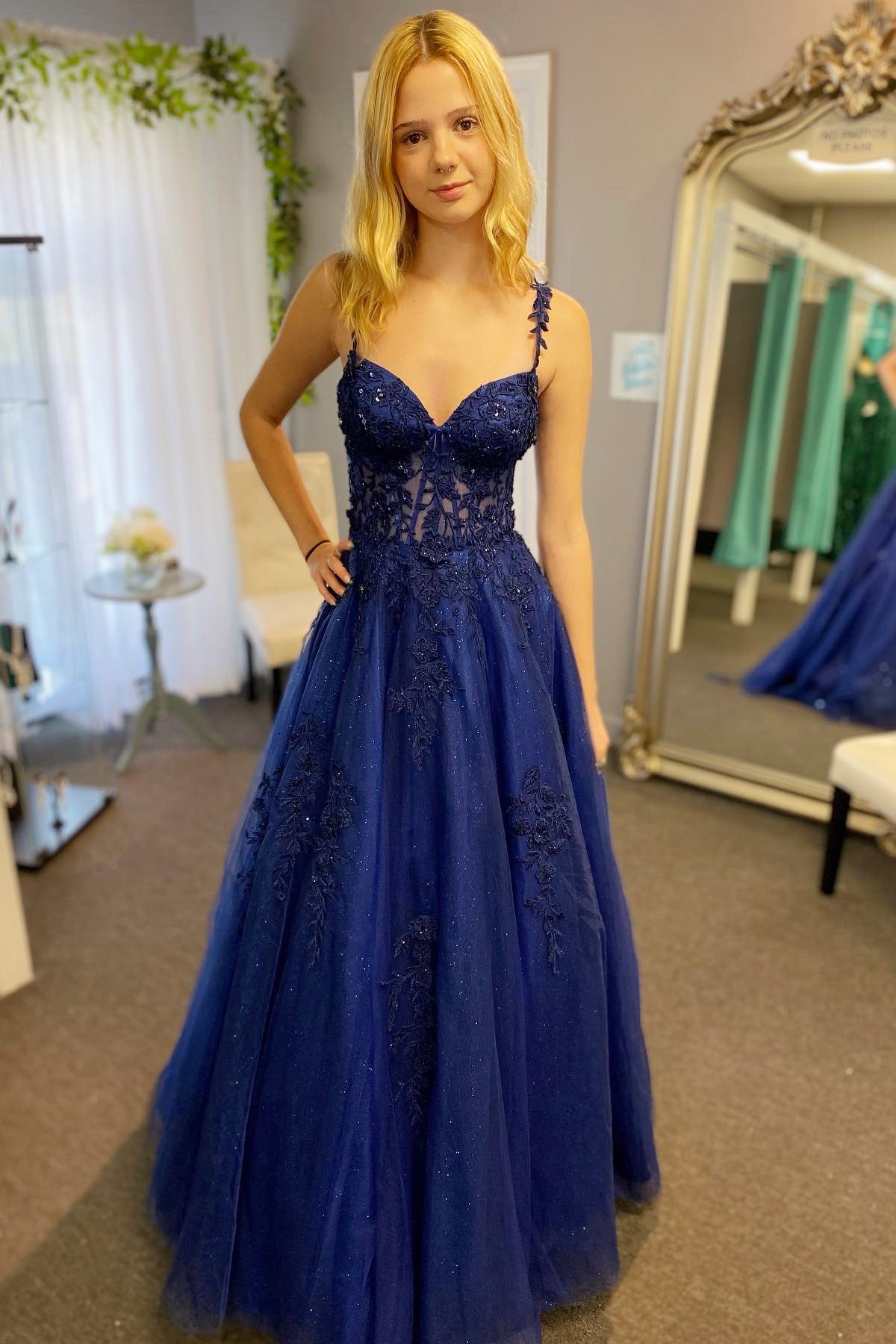 Navy Blue Appliques Sweetheart A-Line Long Prom Dress