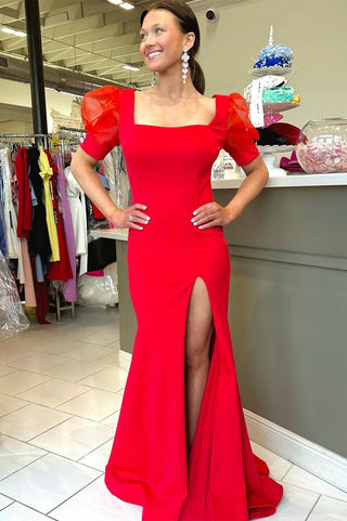 Mermaid Red Square Neck Long Prom Dress with Puff Sleeves