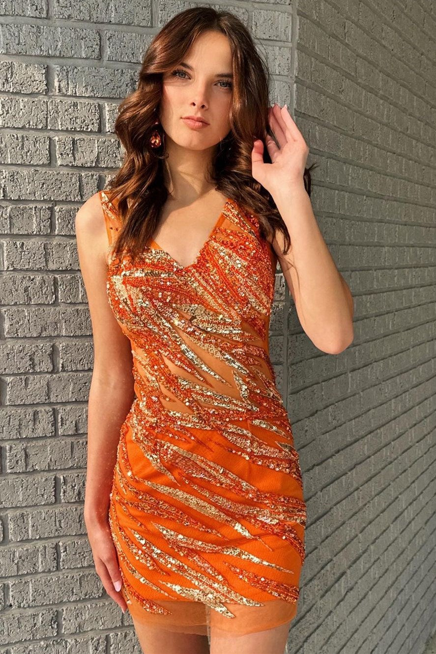 Orangefarbenes, mit Pailletten besticktes, kurzes Partykleid mit V-Ausschnitt