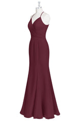 Burgundy Mermaid Pleated Crossed Straps Chiffon Long Bridesmaid Dress