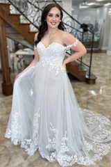 White Off-the-Shoulder Appliques Tulle Long Wedding Dress