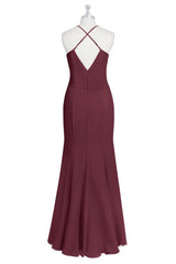 Burgundy Mermaid Pleated Crossed Straps Chiffon Long Bridesmaid Dress