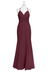 Burgundy Mermaid Pleated Crossed Straps Chiffon Long Bridesmaid Dress