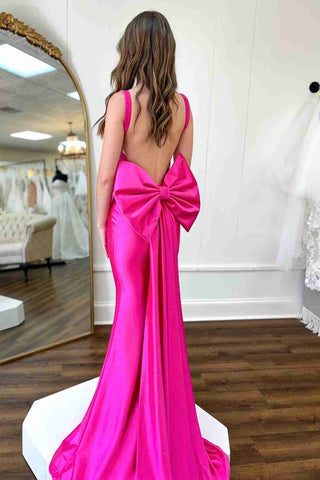 Fuchsia Satin Mermaid Gown Formal with Bow