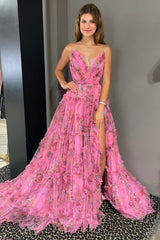 Fuchsia Floral Print Strapless A-Line Long Prom Gown