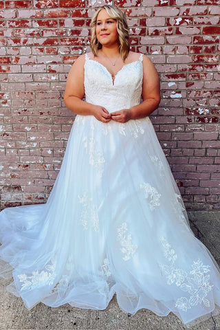 White Tulle Appliques V-Neck Long Wedding Dress