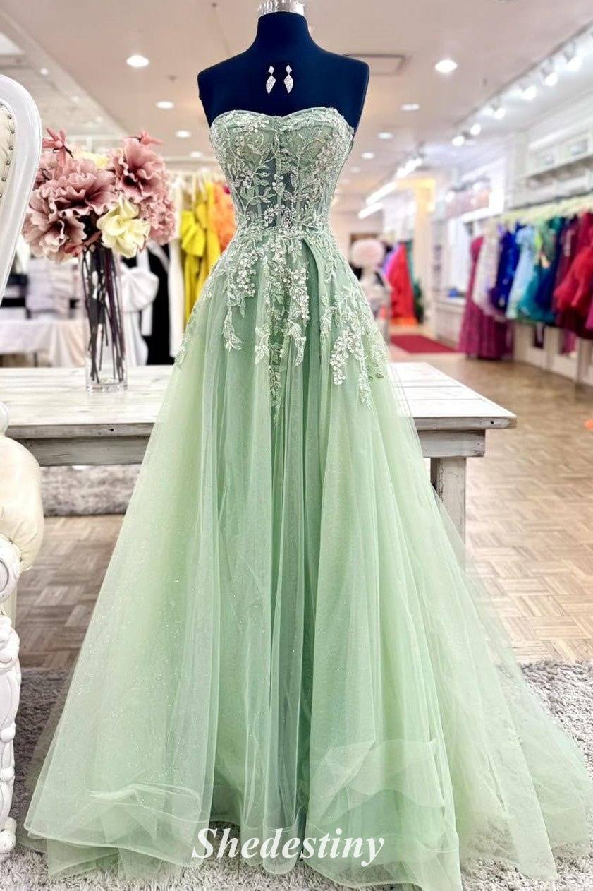 Tulle Mint Green A-Line Strapless Sequin Applique Prom Dress