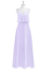 Lavender Crepe Spaghetti Straps Chiffon Long Bridesmaid Dress