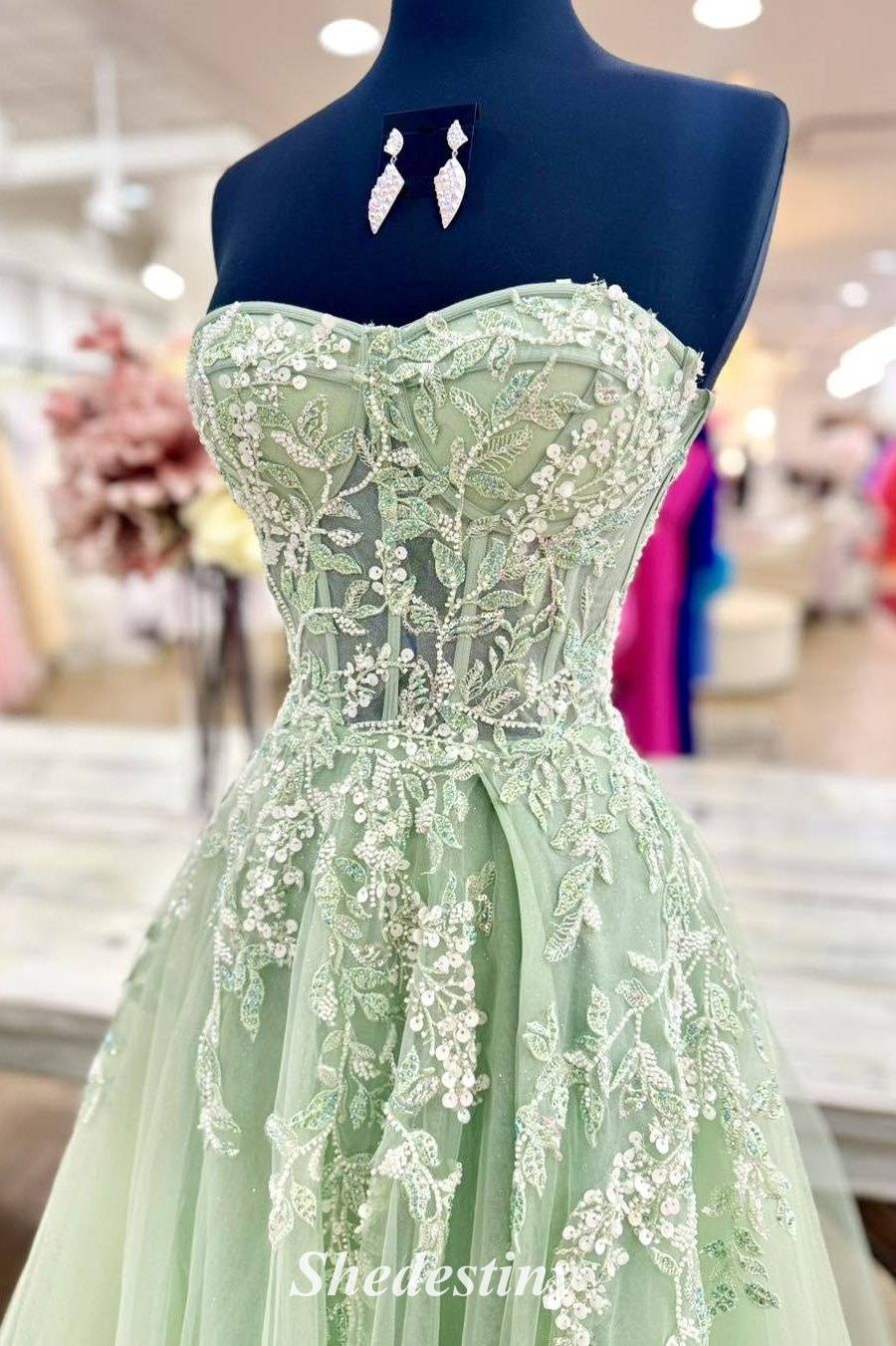 Mint Green A-Line Strapless Sequin Applique Prom Dress