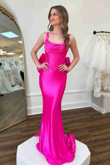 Fuchsia Straps Satin Mermaid Gown Formal with Bow