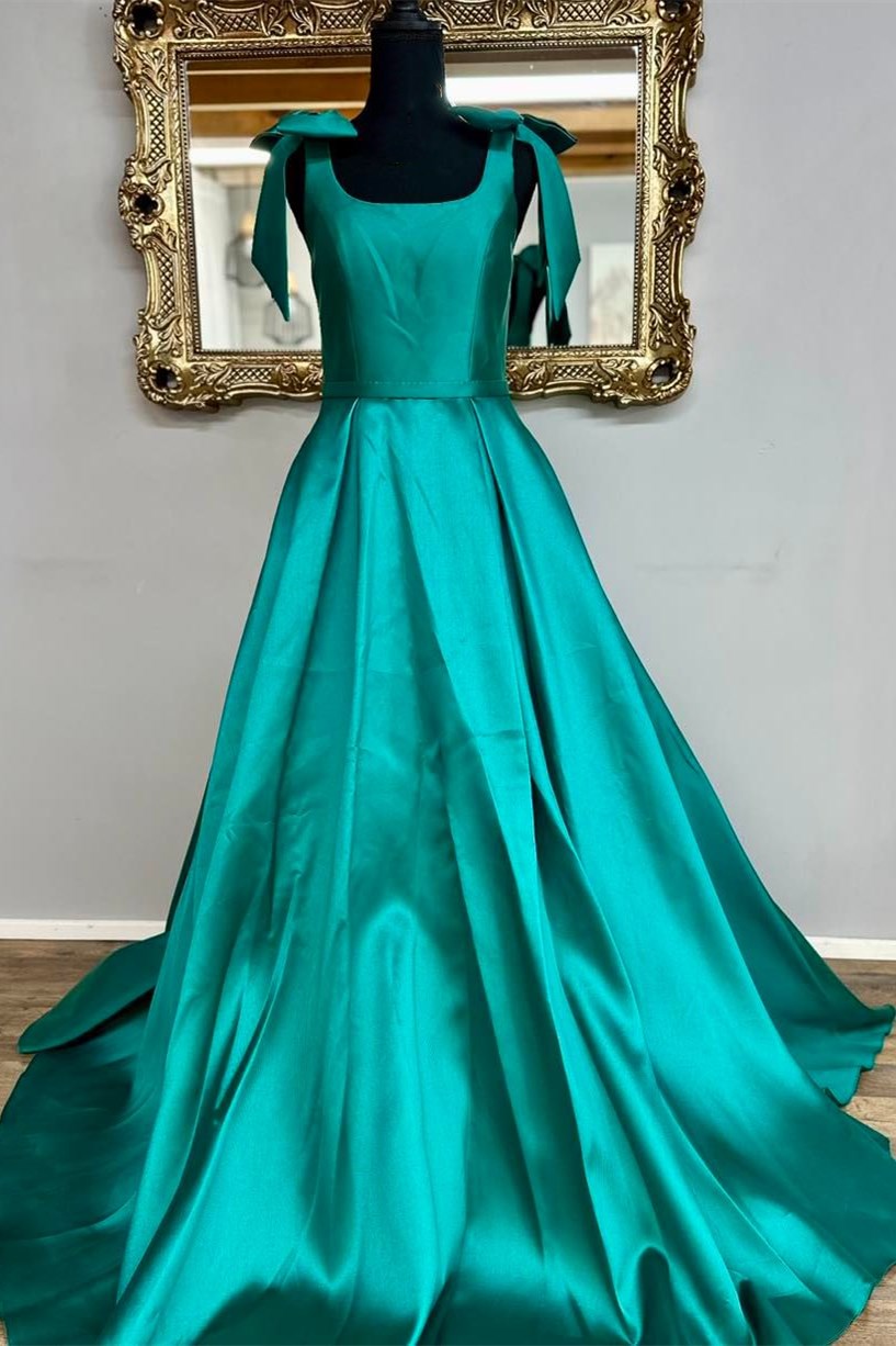 Emerald Square Neck Bow Strap Ball Gown