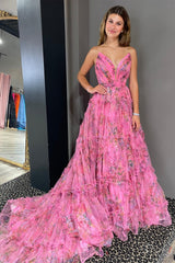 Fuchsia Floral Print Strapless A-Line Long Prom Gown