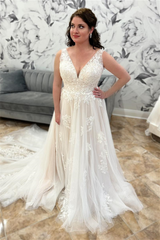 Ivory Plunging V Neck Appliques A-line Tulle Long Wedding Dress