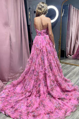 Fuchsia Floral Print Strapless A-Line Long Prom Gown