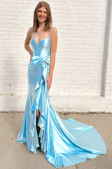 Light Blue V-Neck Spaghetti Strap Bow Ruffle Long Prom Dress