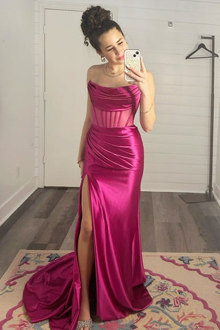 Black Strapless Sheer Bodice Mermaid Long Formal Dress with Slit