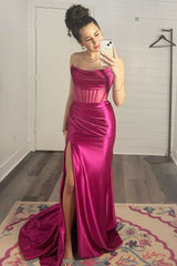 Blue Strapless Sheer Bodice Mermaid Long Formal Dress with Slit