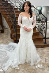 White Off-the-Shoulder Illusion Sleeves Appliques Long Wedding Dress