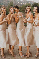 Champagne Spaghetti Straps Cowl Neck Satin Bridesmaid Dress