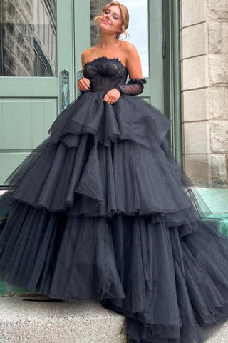 Black Tulle Lace Strapless Tiered Long Prom Gown