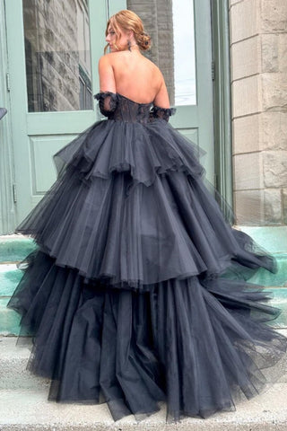 Black Tulle Lace Strapless Tiered Long Prom Gown