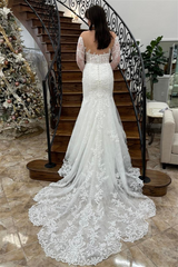 White Off-the-Shoulder Illusion Sleeves Appliques Long Wedding Dress