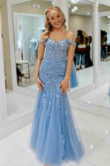 Applique Off the Shoulder Mermaid Tulle Long Prom Dress