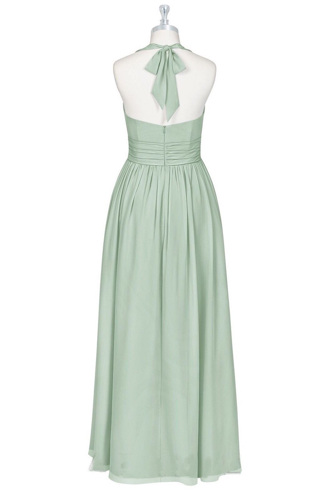 Dusty Sage Halter Bow Tie Pleated Long Bridesmaid Dress with Slit