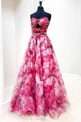 Floral Print Strapless Keyhole Fuchsia A-Line Prom Dress