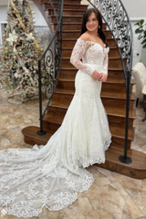 White Off-the-Shoulder Illusion Sleeves Appliques Long Wedding Dress