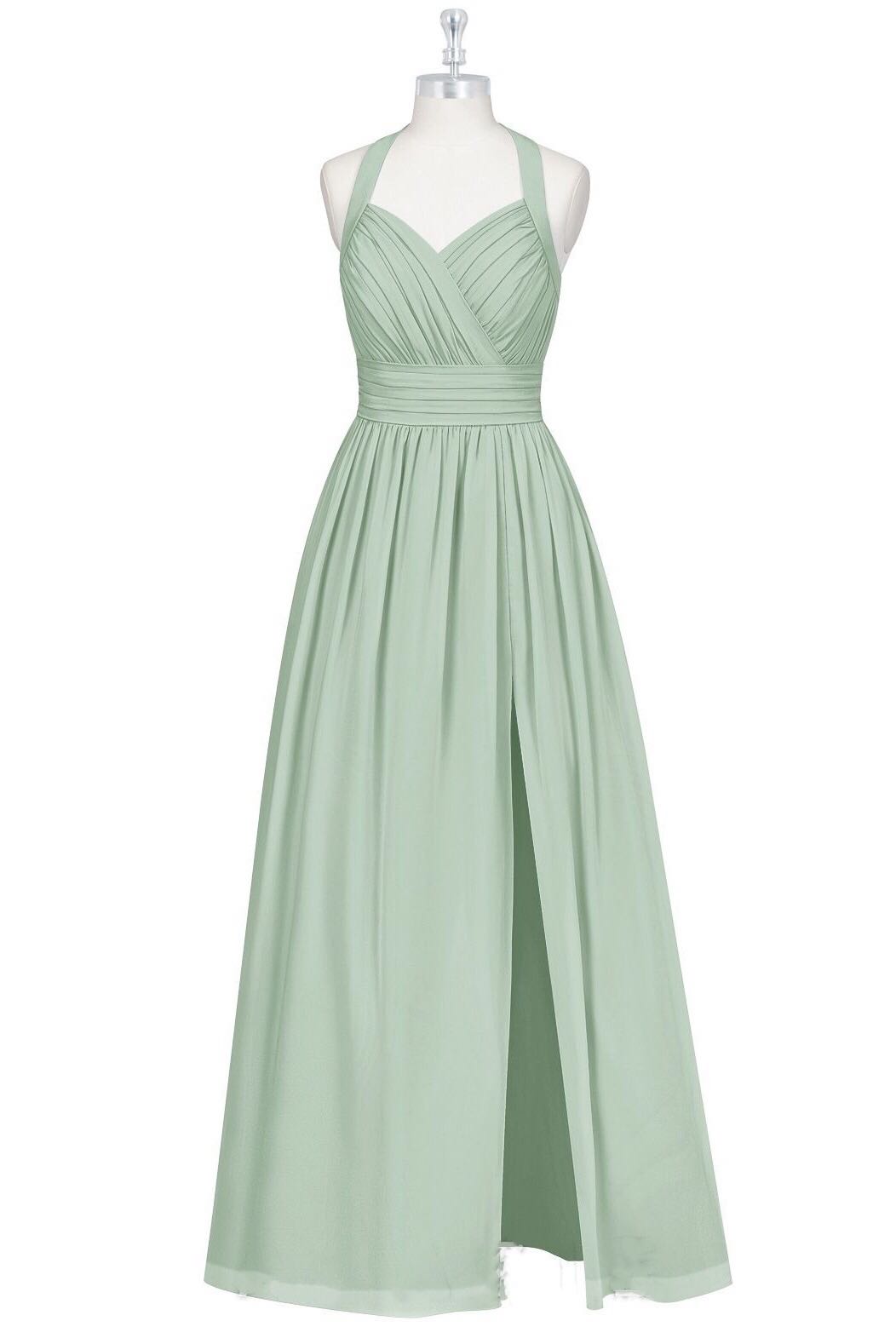 Dusty Sage Halter Bow Tie Pleated Long Bridesmaid Dress with Slit