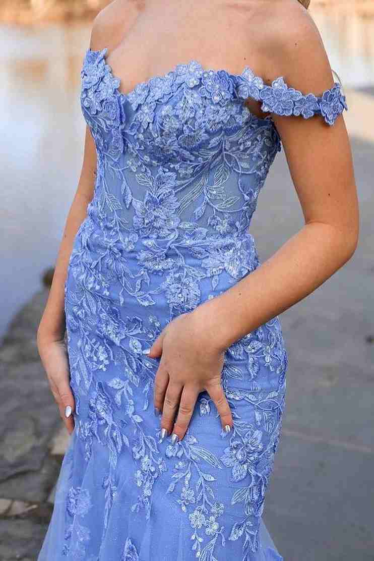 Applique Off the Shoulder Mermaid Tulle Long Prom Dress