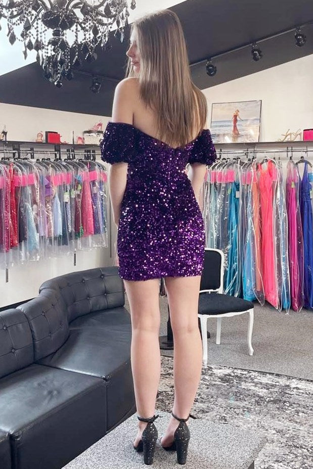 Purple Sequin Off-the-Shoulder Short Party Dress with Puff Sleeves