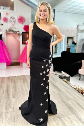 Black Tassels One-Shoulder Mermaid Long Prom Dress with Stars