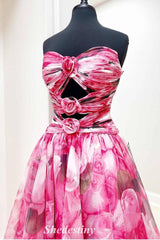 Floral Print Strapless Keyhole Fuchsia A-Line Prom Dress