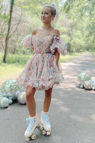 Blush Print Off-the-Shoulder A-Line Short Dress with Ruffles