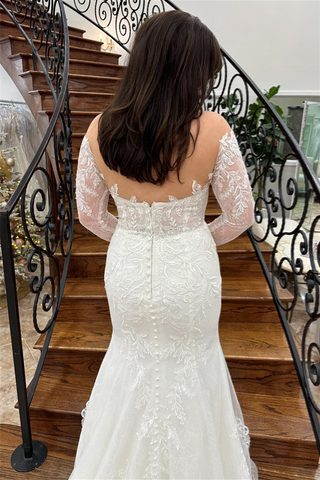 White Off-the-Shoulder Illusion Sleeves Appliques Long Wedding Dress