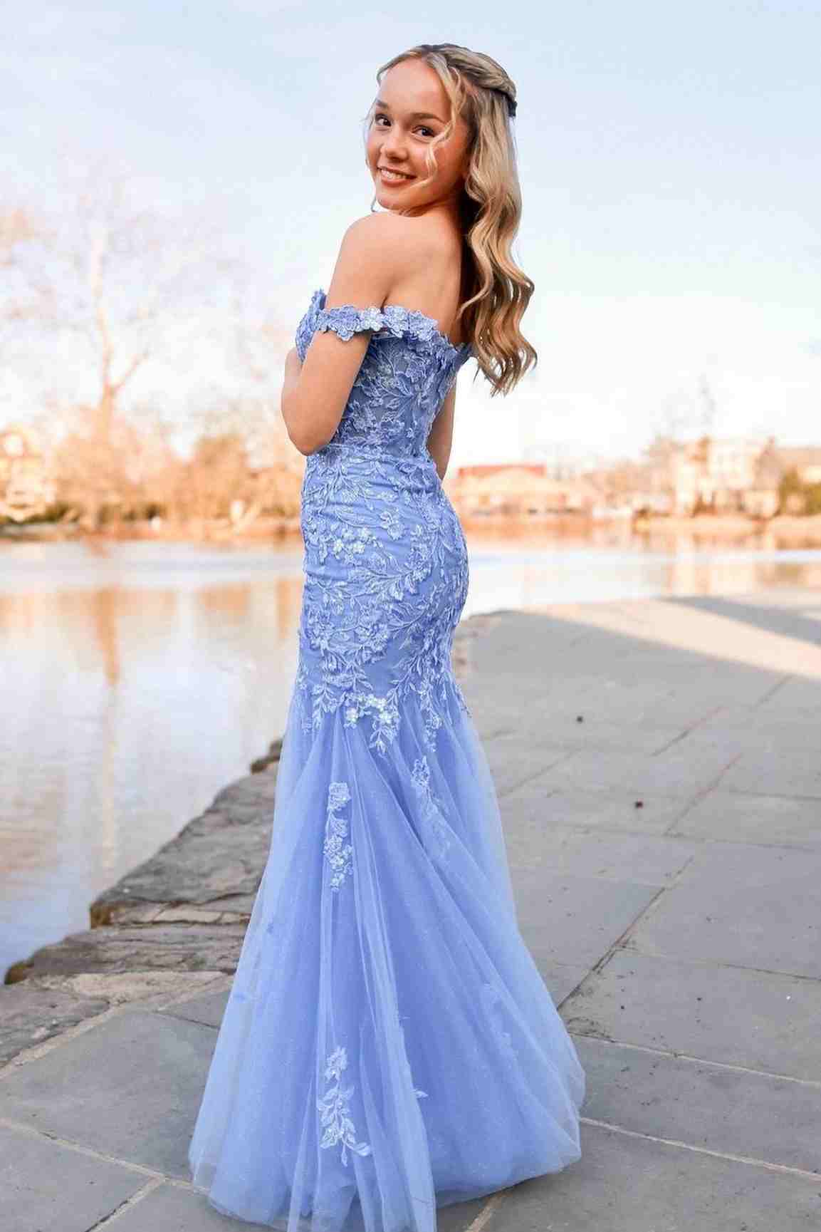 Applique Off the Shoulder Mermaid Tulle Long Prom Dress