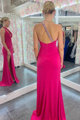 Purple One-Shoulder Keyhole Mermaid Long Formal Dress with Slit