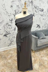 Classy Grey One Shoulder Pleated Mismatched Mother of the Bride Dress