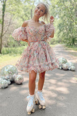 Blush Print Off-the-Shoulder A-Line Short Dress with Ruffles