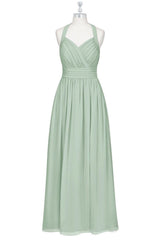 Dusty Sage Halter Bow Tie Pleated Long Bridesmaid Dress with Slit