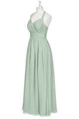 Dusty Sage Halter Bow Tie Pleated Long Bridesmaid Dress with Slit