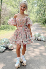 Blush Print Off-the-Shoulder A-Line Short Dress with Ruffles