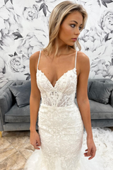 White Ruffles Straps Mermaid V Neck Appliques Long Wedding Dress